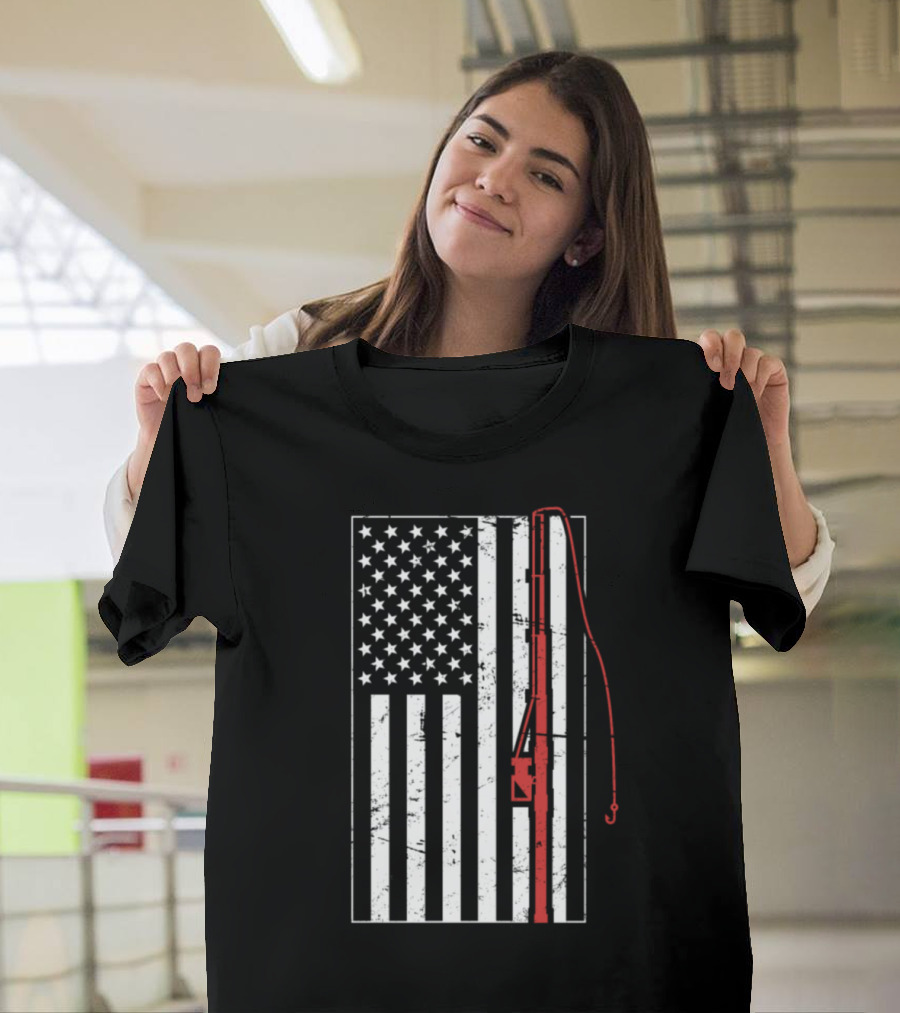 American Flag Distressed Fishing Rod T-Shirt