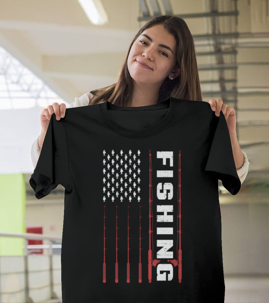 Fishing Flag Fishing Poles and Fish American T-Shirt