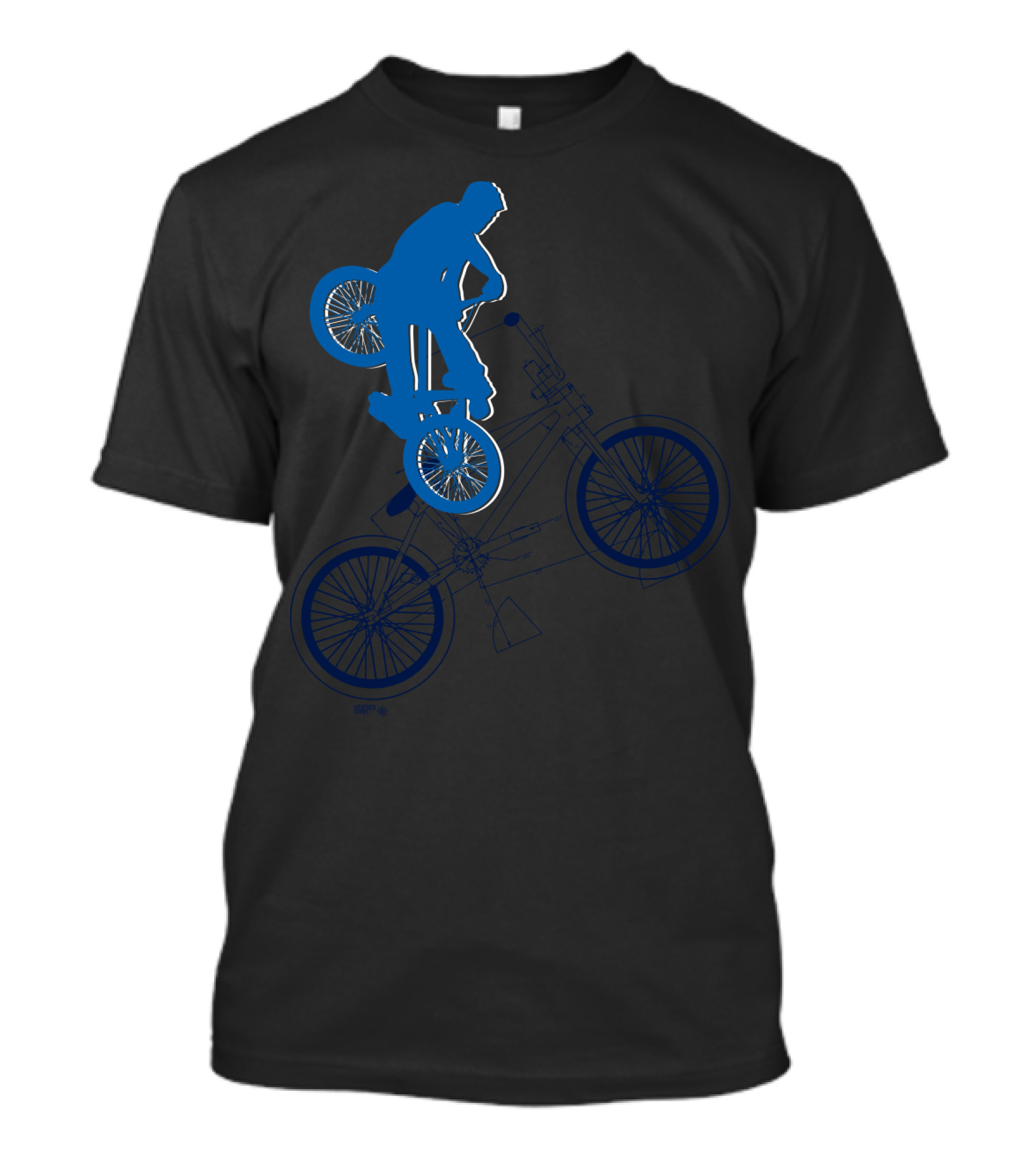 BMX Rider Blue Silhouette With Detailed Bike Blueprint T-Shirt