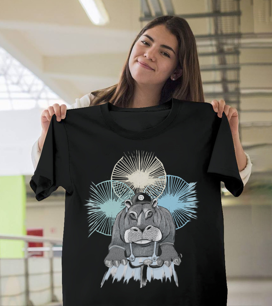 Hippo with Cap Number 13 Riding a Bike with Radiant Starburst Background T-Shirt