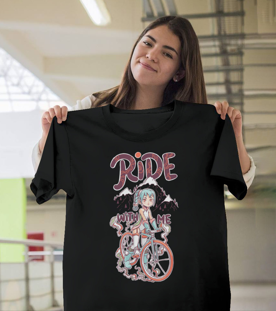 RIDE WITH ME Manga Style Biking Adventure With Blue-Haired Anime Character And Mountain Background T-Shirt