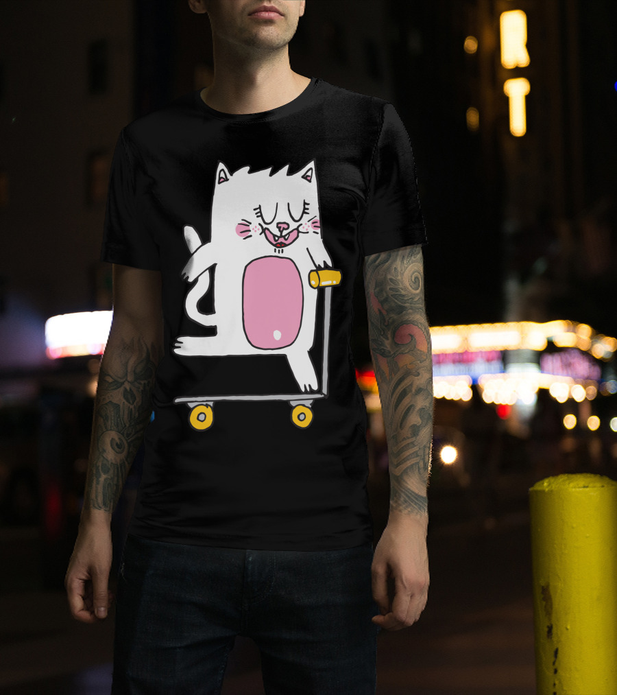 Riding The Scooter With Happy White Cat T-Shirt