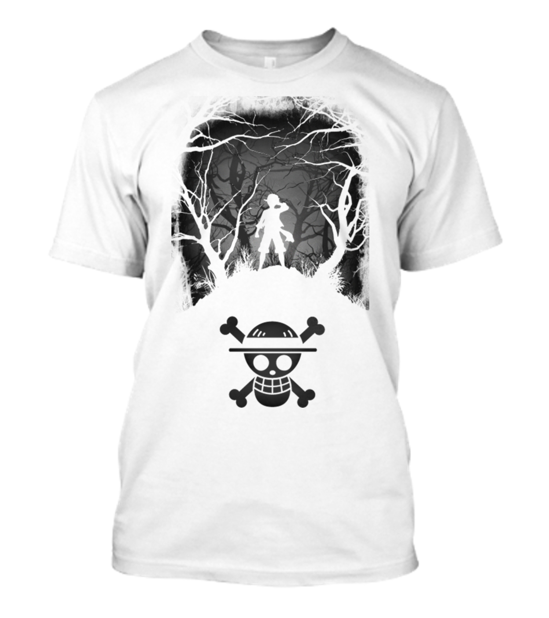 Luffy Silhouette In The Woods With Straw Hat Pirate Skull T-Shirt