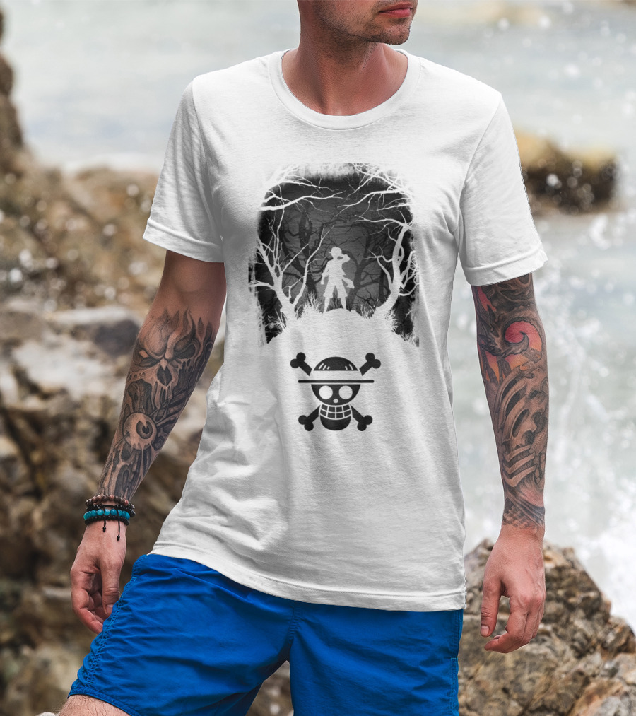 Luffy Silhouette In The Woods With Straw Hat Pirate Skull T-Shirt