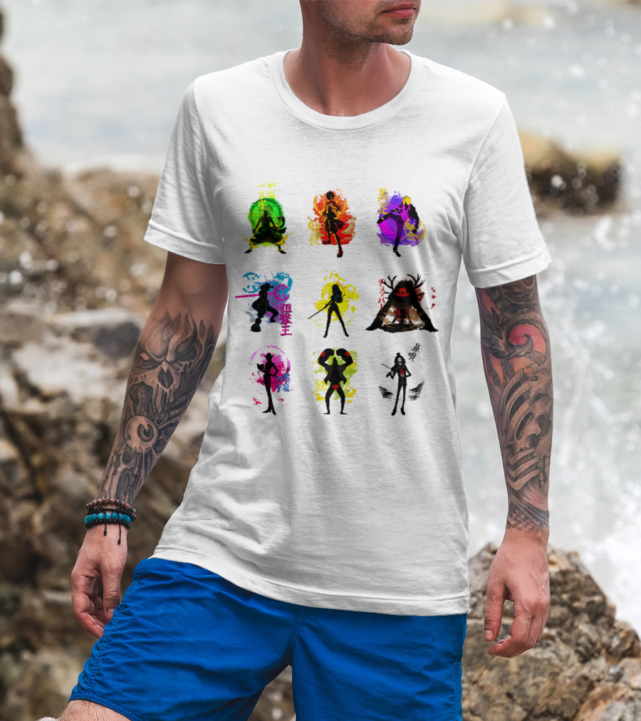 Anime Pirates Straw Hat Crew Silhouettes Japanese Text Colors T-Shirt