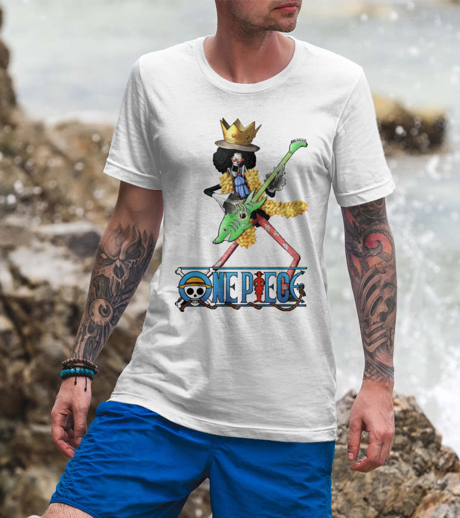 One Piece Brook Playing Guitar With Crown And Yellow Feather Boa T-Shirt