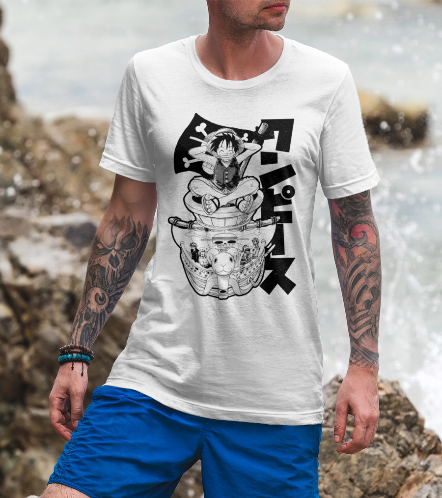 Luffy On Going Merry With Straw Hat Pirates Crew And Jolly Roger Flag T-Shirt