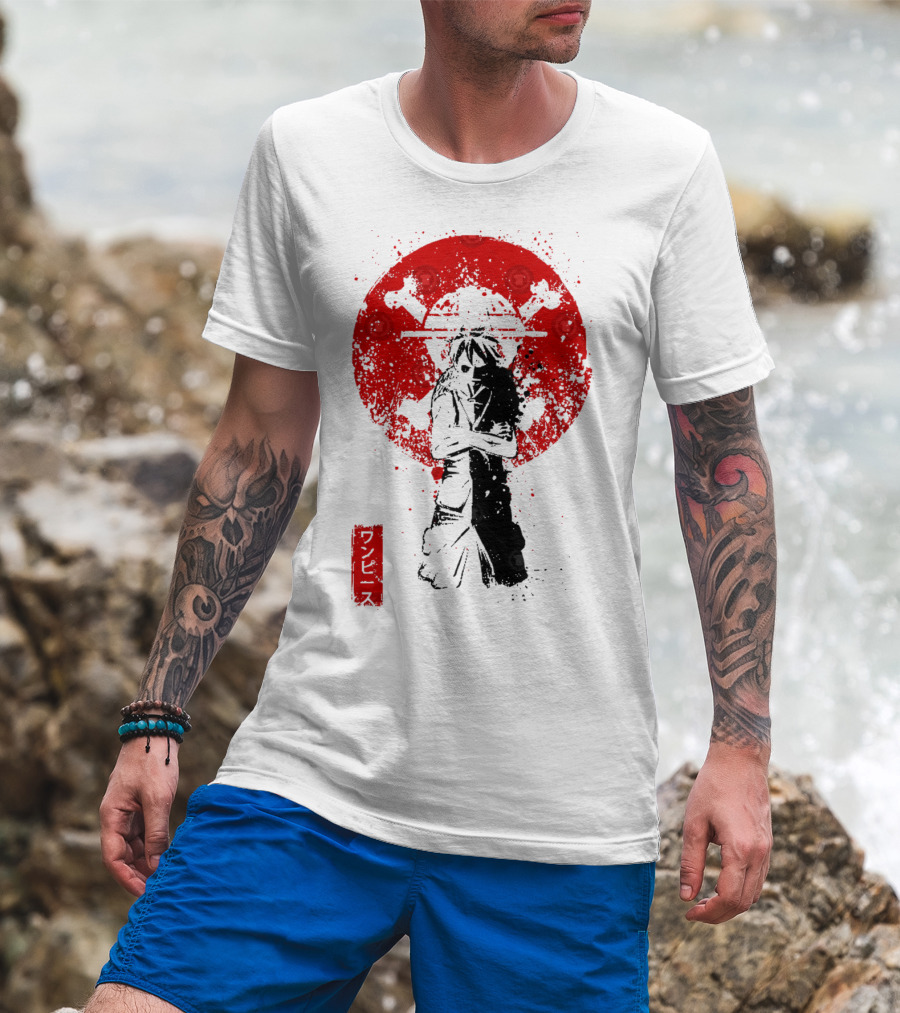 One Piece Pirate's King Splat­ter Japanese Text And Crossbones Red Circle T-Shirt