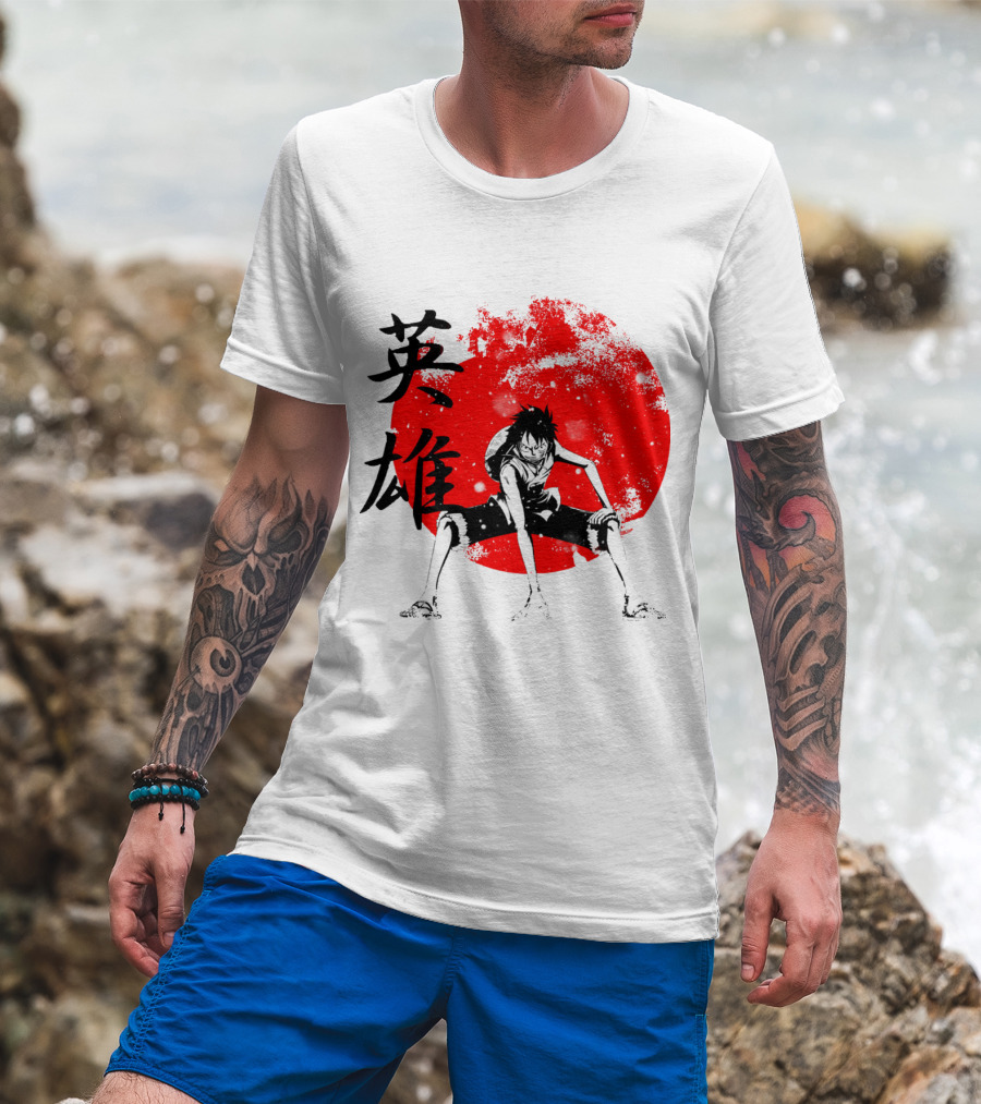 One Piece Hero Luffy Japanese Kanji Red Circle T-Shirt