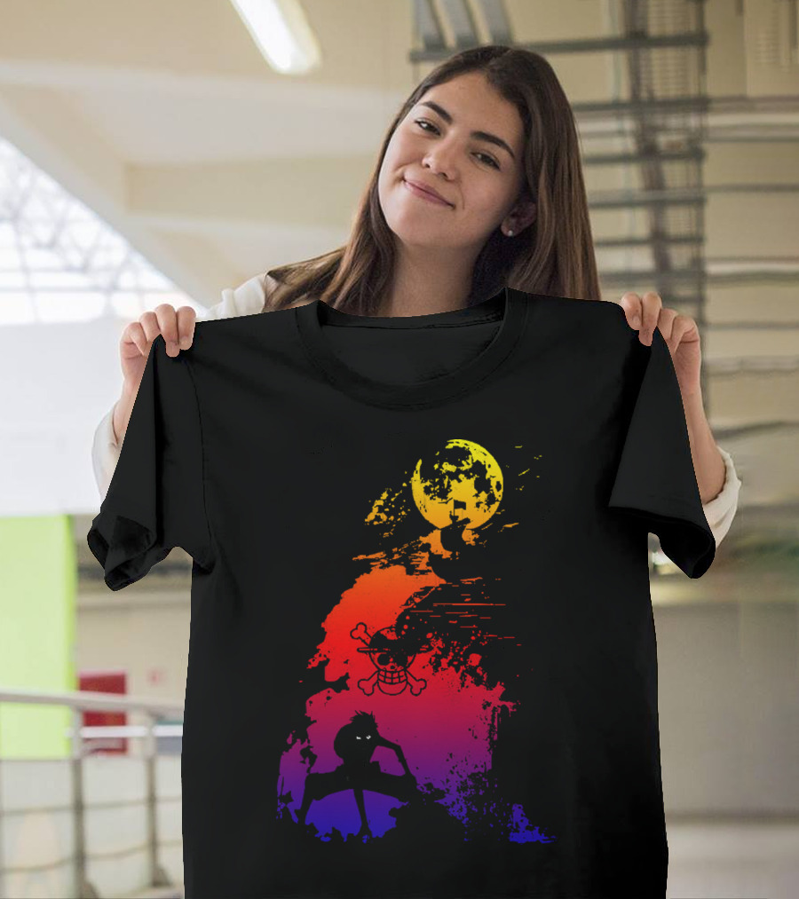 Monkey D. Luffy Shadow Art With Straw Hat Pirate Emblem And Moon T-Shirt
