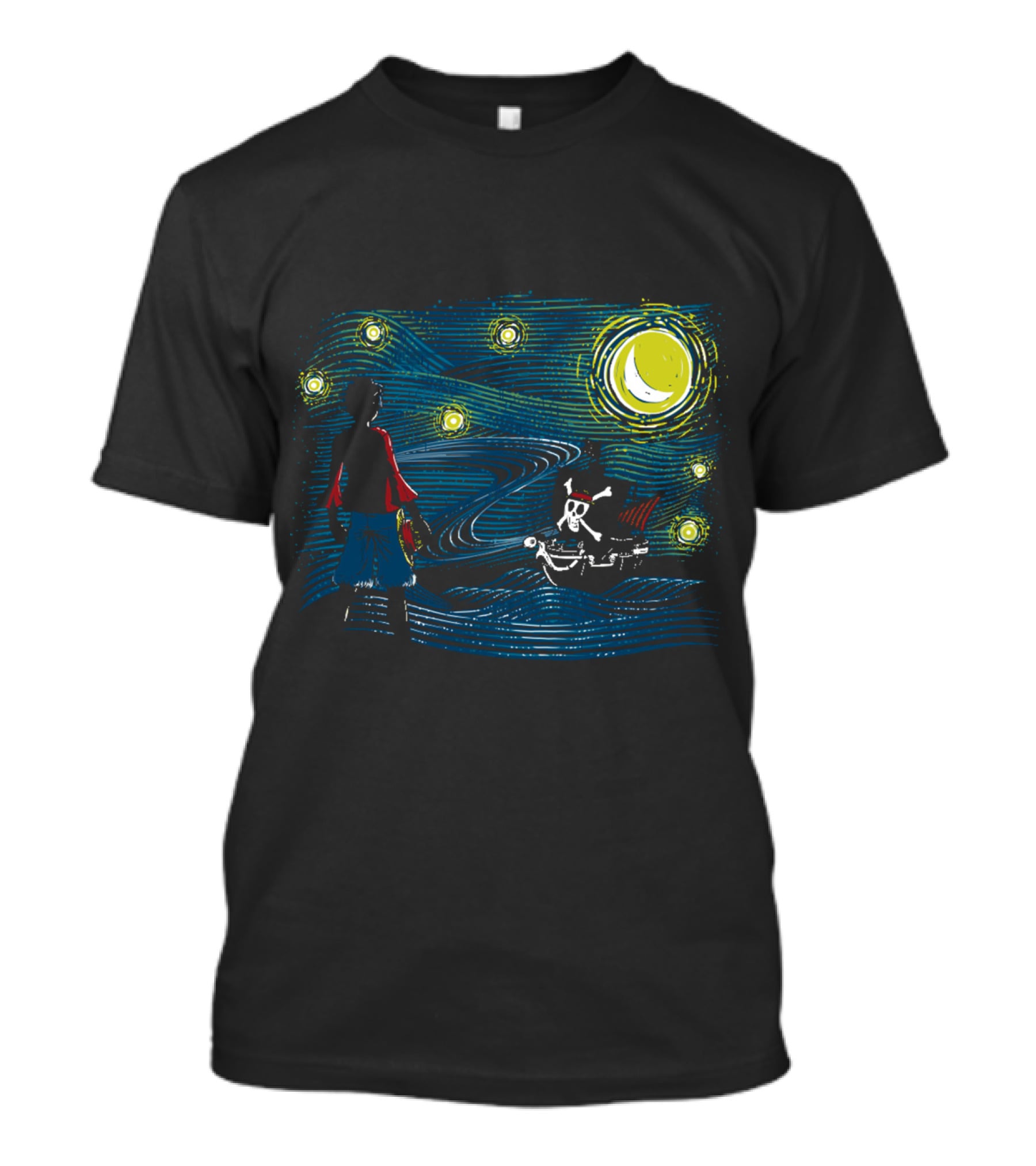 Starry Sea Voyage With Pirate Ship Under Starry Night Sky T-Shirt