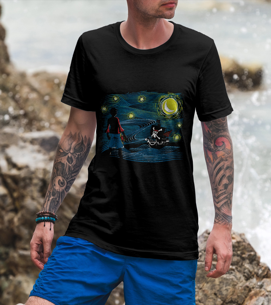 Starry Sea Voyage With Pirate Ship Under Starry Night Sky T-Shirt