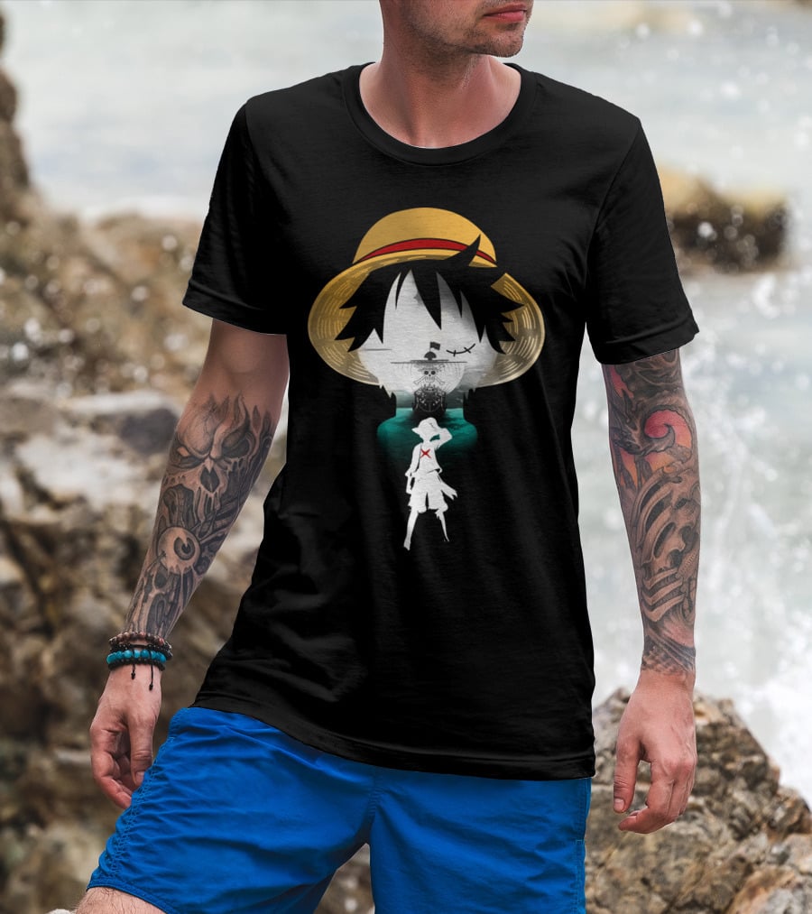 Strawhat Pirate Silhouette Design With Iconic Ship And Sea Adventure T-Shirt