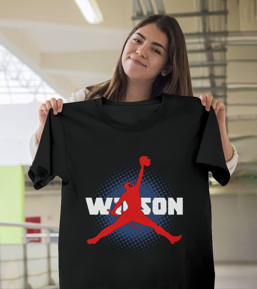 Wilson Jump Character Icon In Red With Blue Dot Background T-Shirt