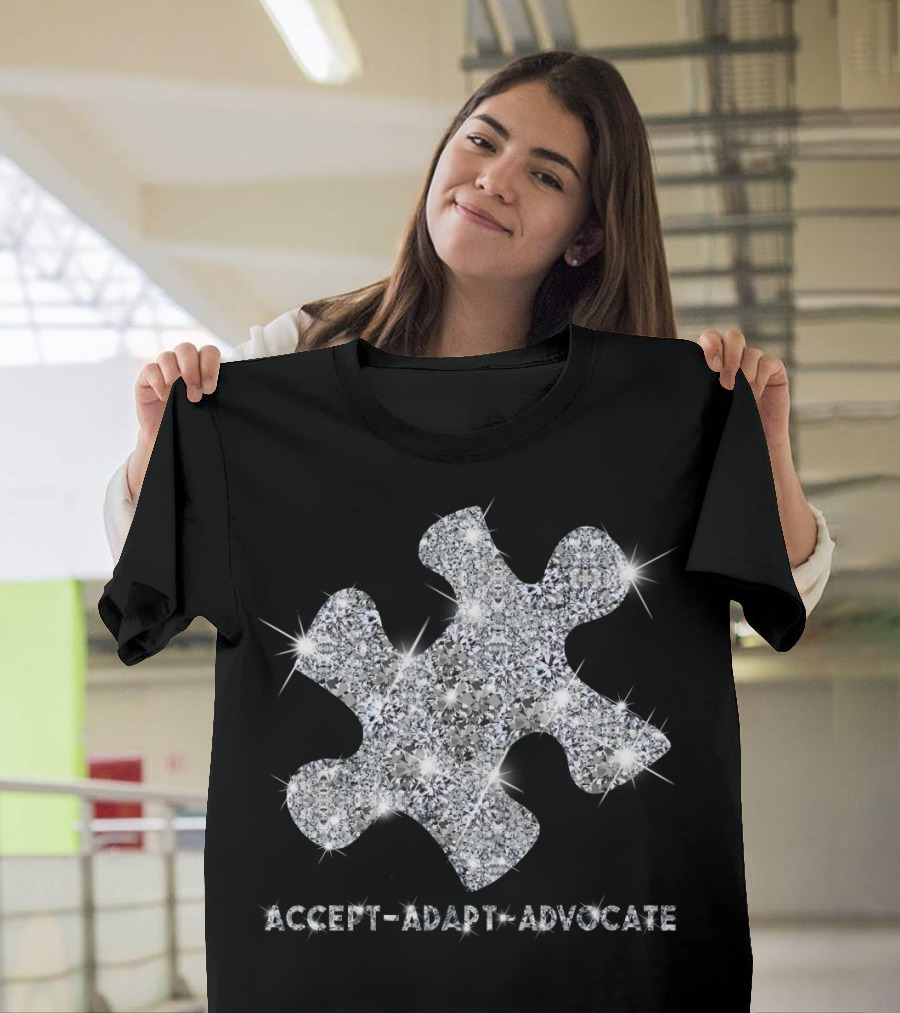 Accept Adapt Advocate Silver Glitter Puzzle Piece T-Shirt