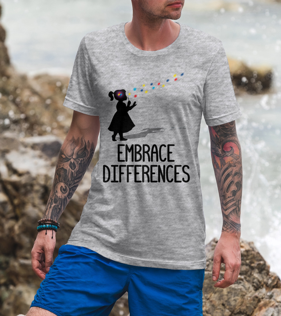 Embrace Differences Silhouette Girl With Autism Puzzle Flower And Colorful Bubbles T-Shirt