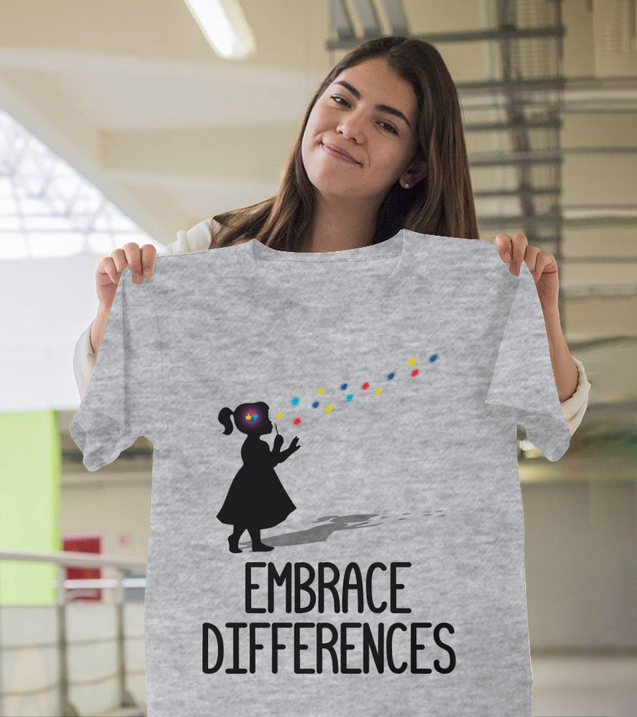 Embrace Differences Silhouette Girl With Autism Puzzle Flower and Colorful Bubbles T-Shirt