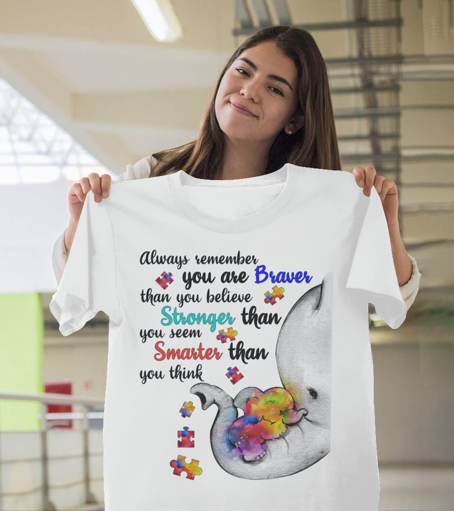 Always Remember Braver Stronger Smarter Elephant with Puzzle Pieces T-Shirt