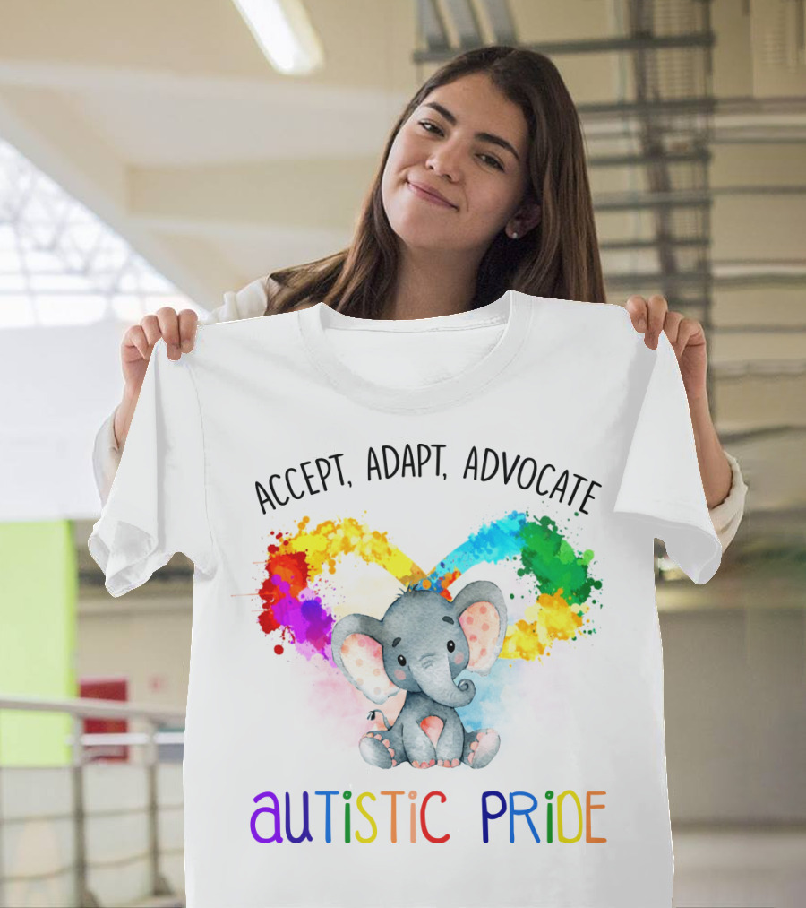 Accept, Adapt, Advocate Autistic Pride Colorful Elephant T-Shirt
