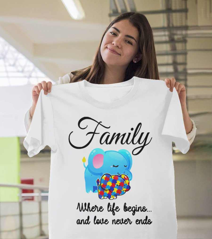 Family Where Life Begins Love Never Ends Autism Puzzle Piece Elephant T-Shirt
