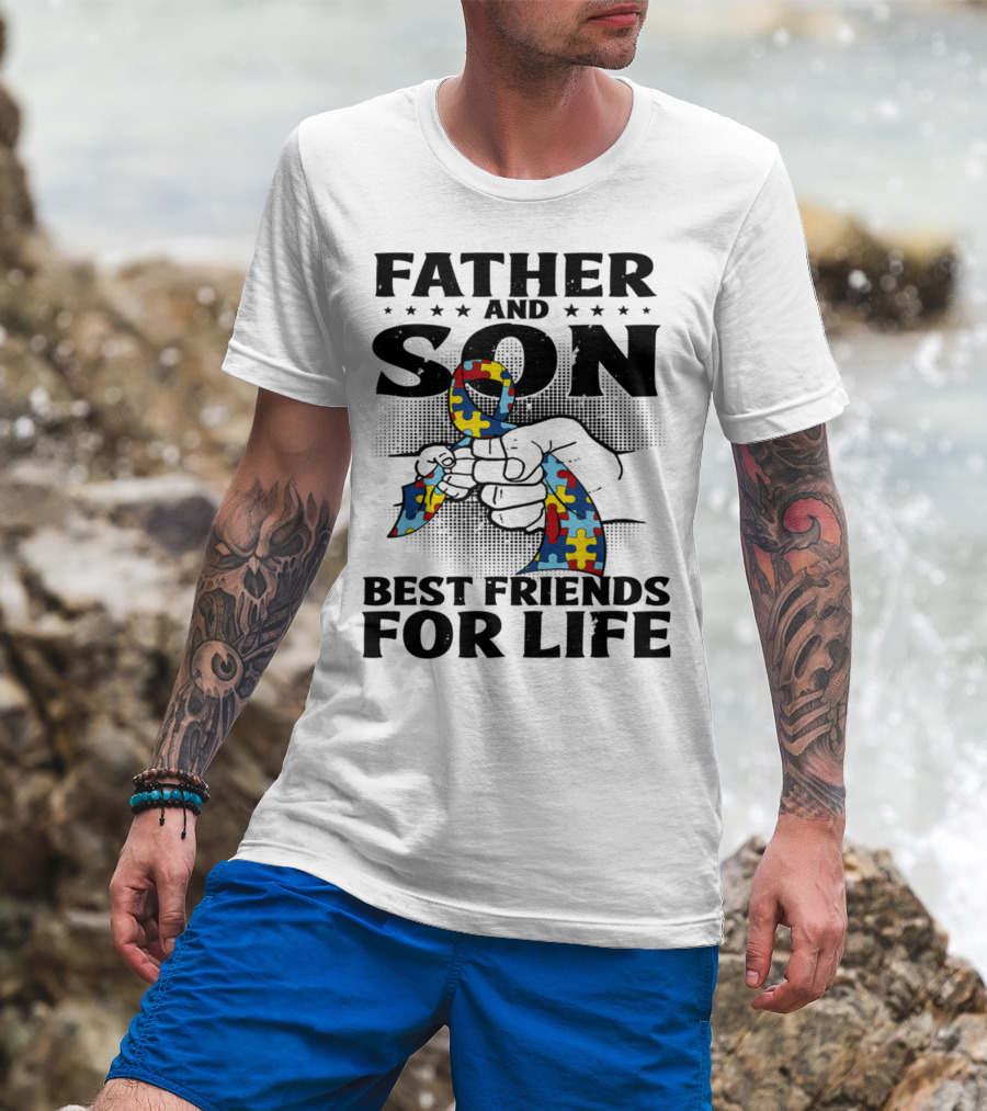 Father And Son Best Friends For Life Autism Puzzle Ribbon Fist Bump T-Shirt