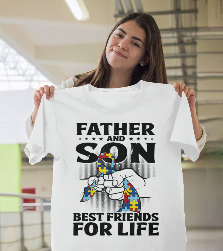 Father and Son Best Friends for Life Autism Puzzle Ribbon Fist Bump T-Shirt