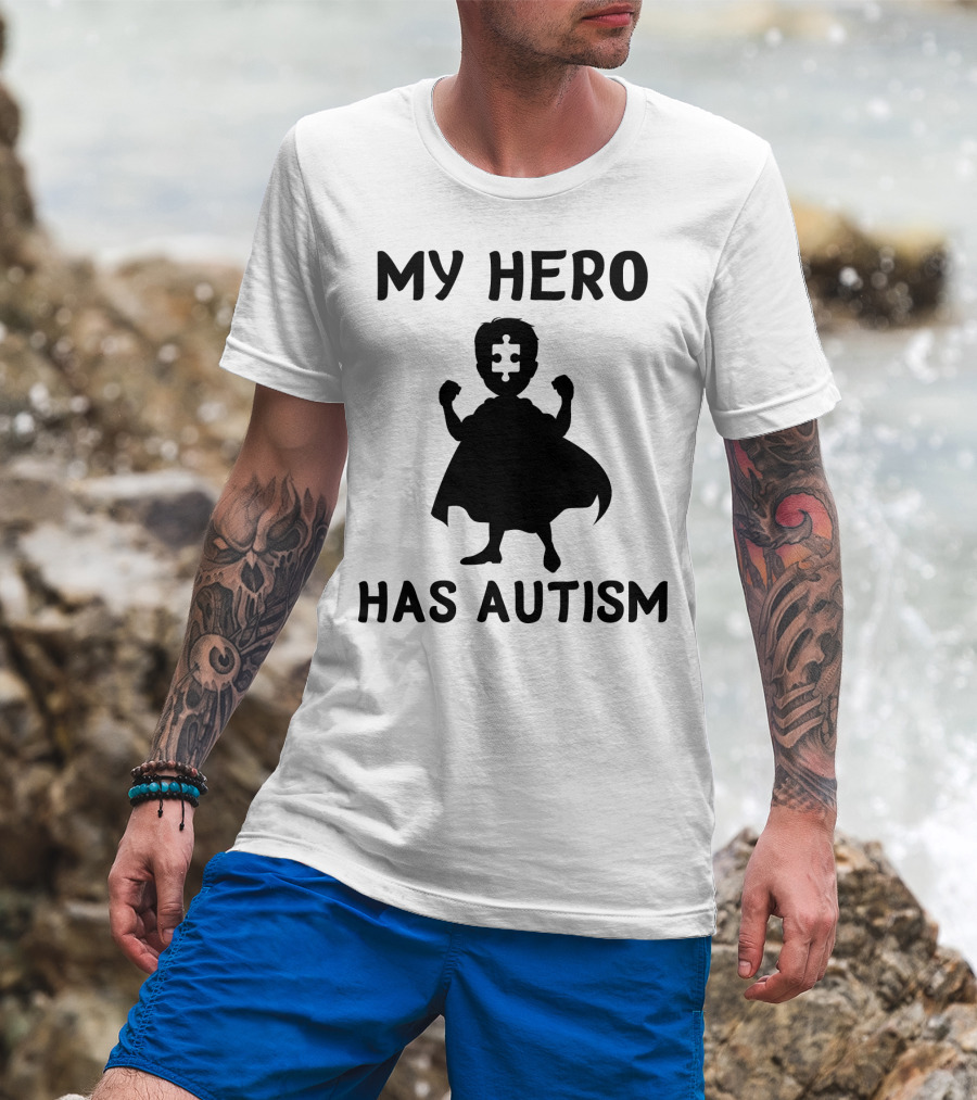 My Hero Has Autism Silhouette With Puzzle Piece Face T-Shirt