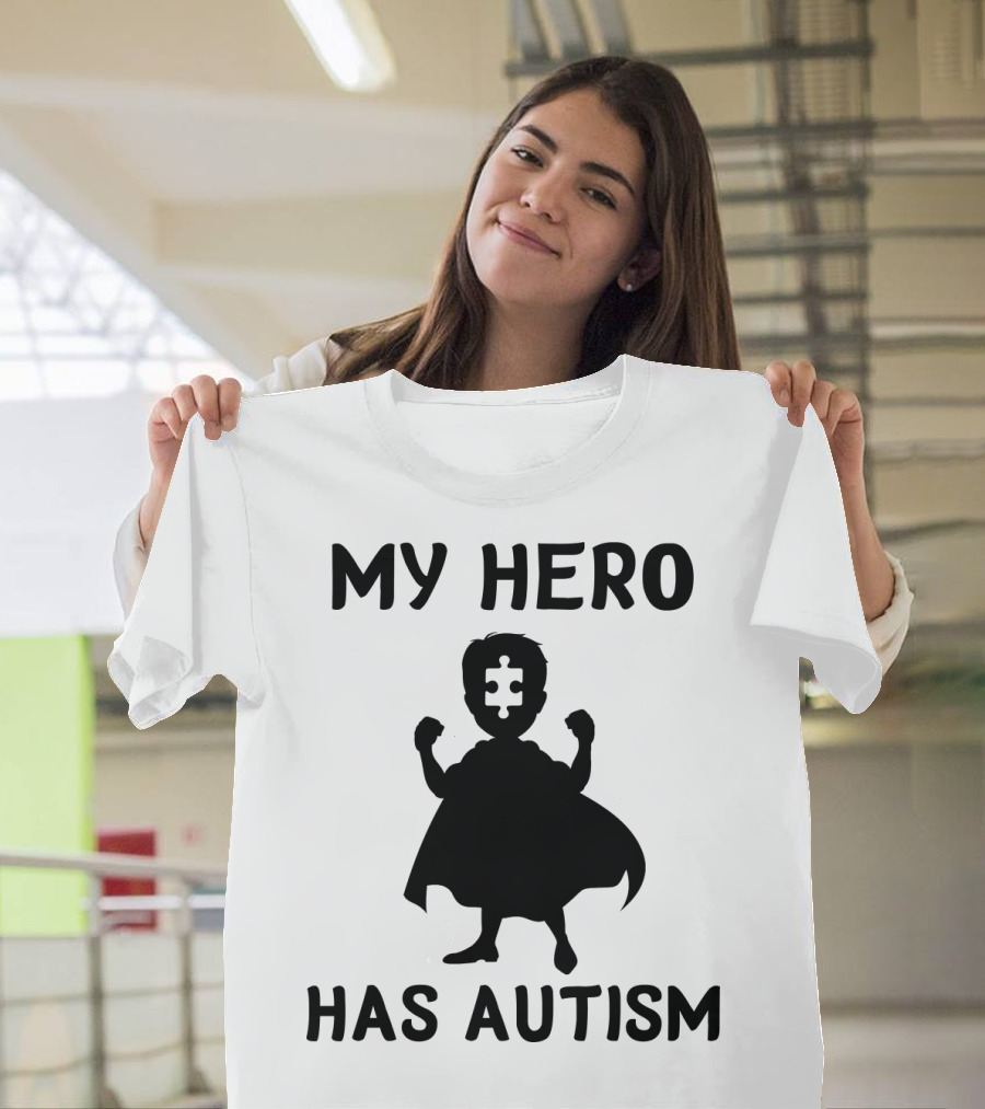 My Hero Has Autism Silhouette with Puzzle Piece Face T-Shirt