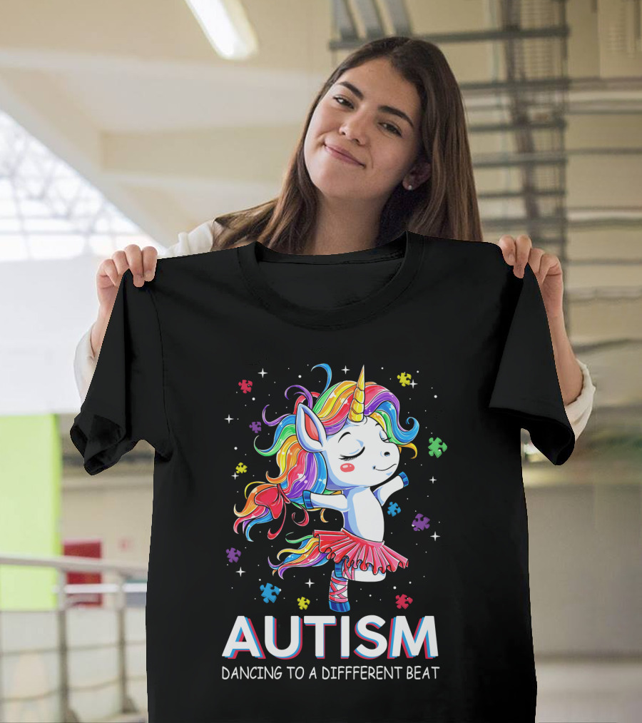 Autism Dancing to a Different Beat Unicorn Puzzle Pieces Rainbow Hair T-Shirt