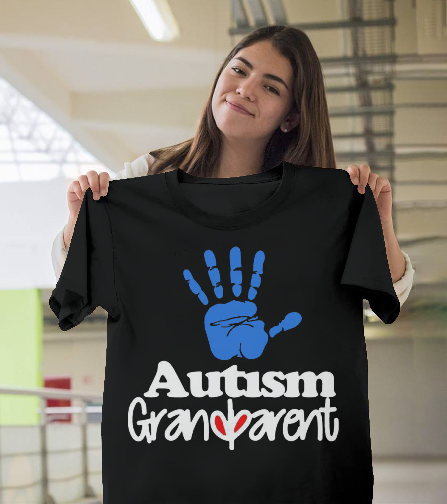 Autism Grandparent Blue Handprint Red Heart Inclusion T-Shirt
