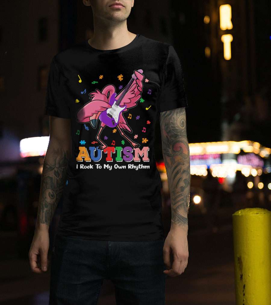 Autism I Rock To My Own Rhythm Flamingo With Guitar And Puzzle Pieces T-Shirt