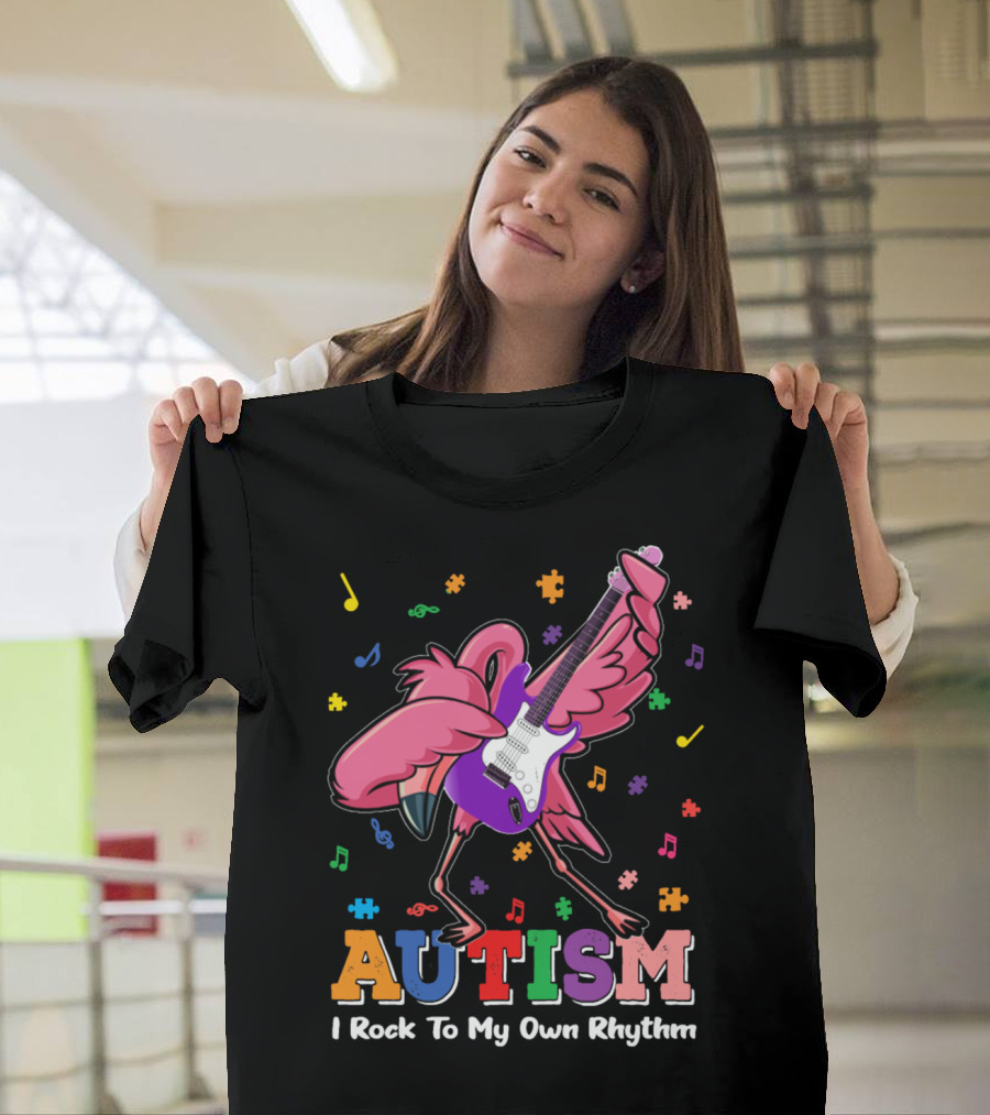 Autism I Rock To My Own Rhythm Flamingo With Guitar And Puzzle Pieces T-Shirt