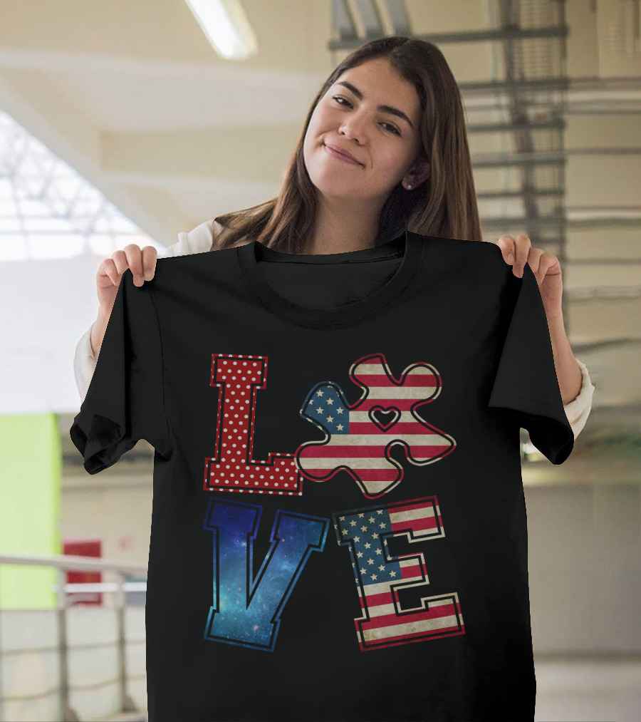Love Needs No Words Galaxy Stars and Stripes Puzzle Piece T-Shirt
