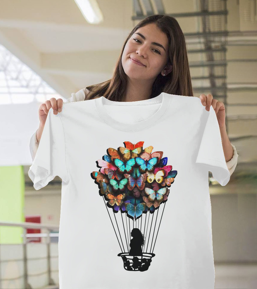 Butterfly BU01 Hot Air Balloon Silhouette With Colorful Wings T-Shirt