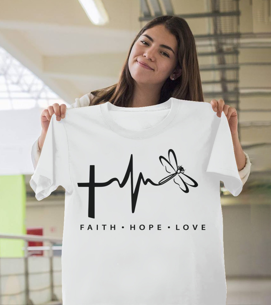 Faith Hope Love Cross Heartbeat Dragonfly T-Shirt