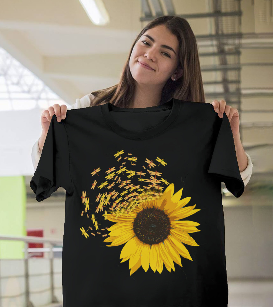 Sunflower Burst With Dragonflies Spiral T-Shirt