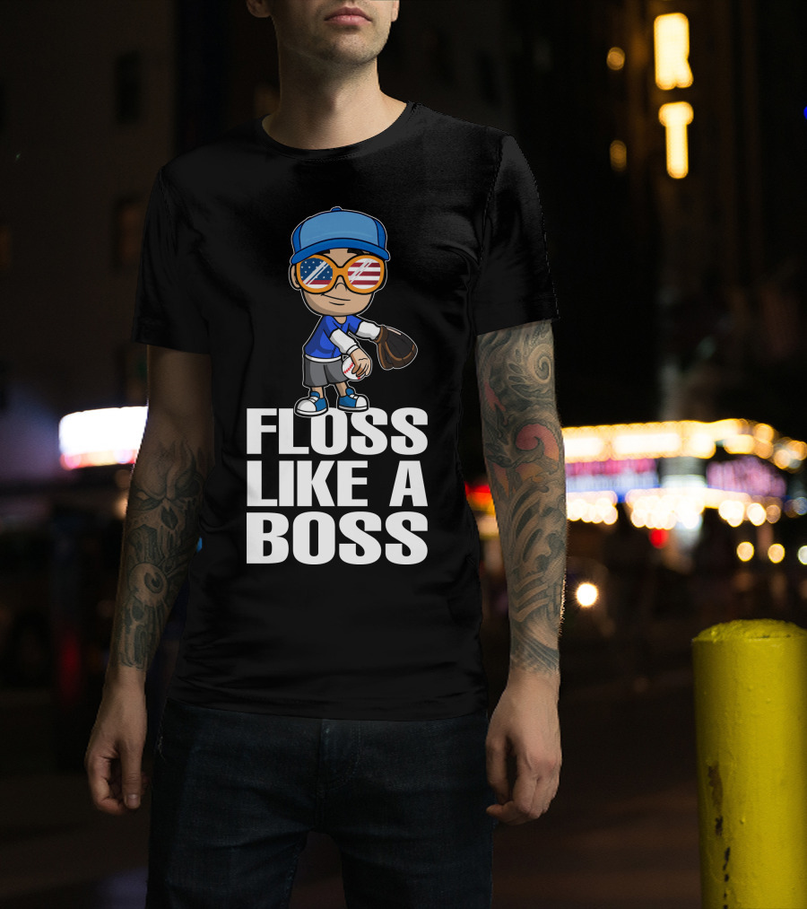 Floss Like A Boss Baseball Player American Flag Sunglasses T-Shirt