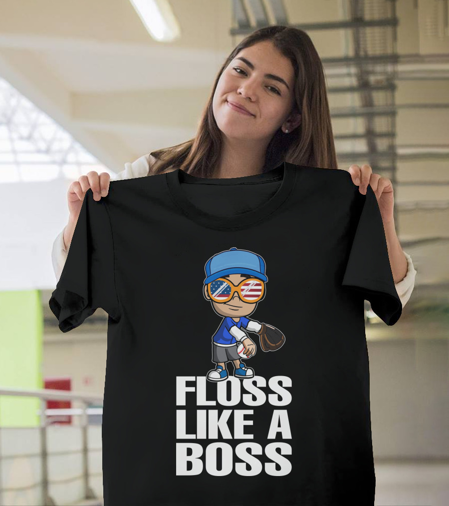 Floss Like A Boss Baseball Player American Flag Sunglasses T-Shirt