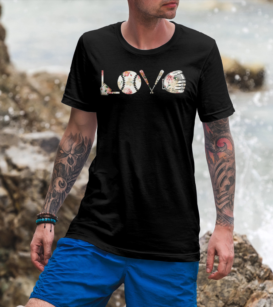 Love Baseball Floral Bat Glove Home Plate T-Shirt