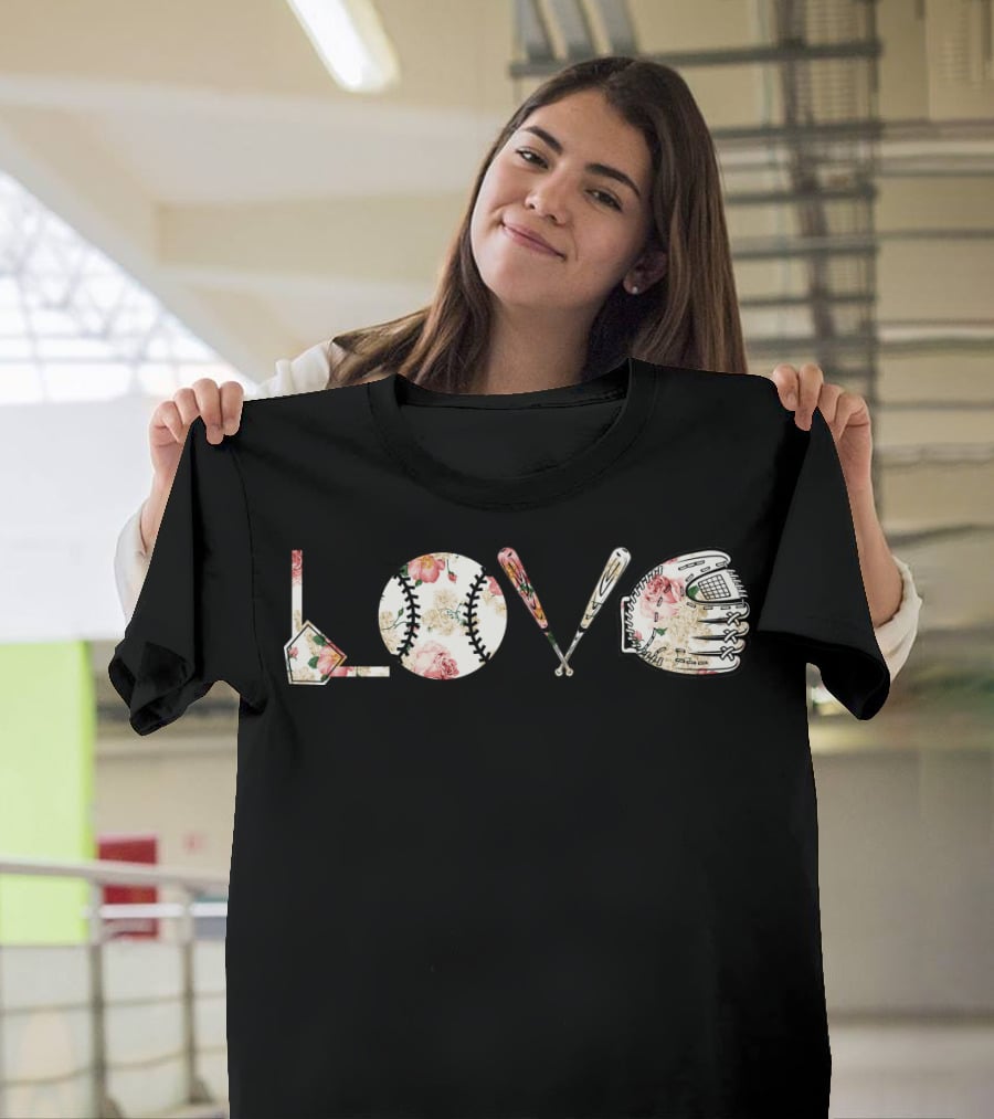 Love Baseball Floral Bat Glove Home Plate T-Shirt