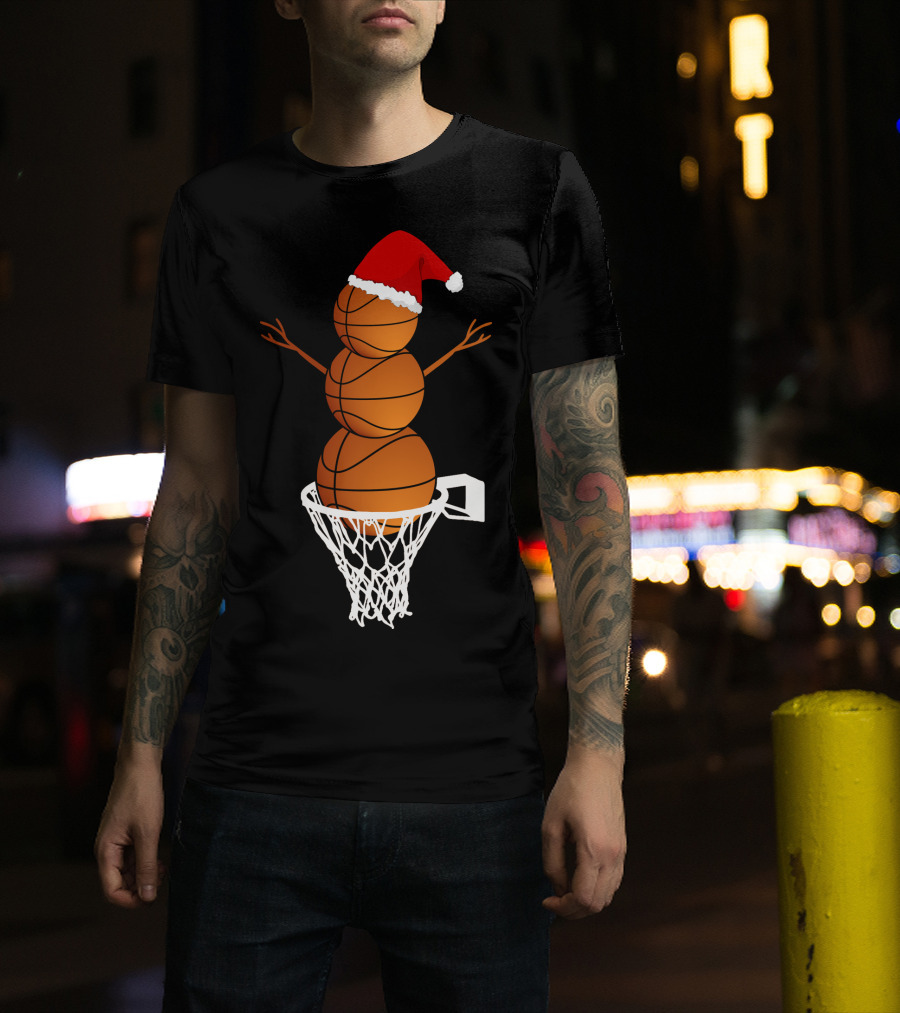 Basketball Snowman With Santa Hat In Hoop T-Shirt