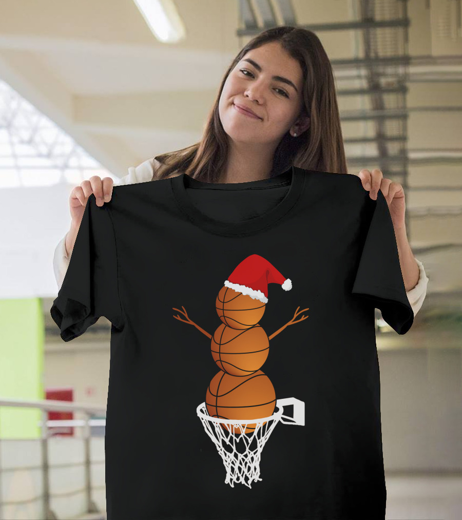 Basketball Snowman with Santa Hat in Hoop T-Shirt