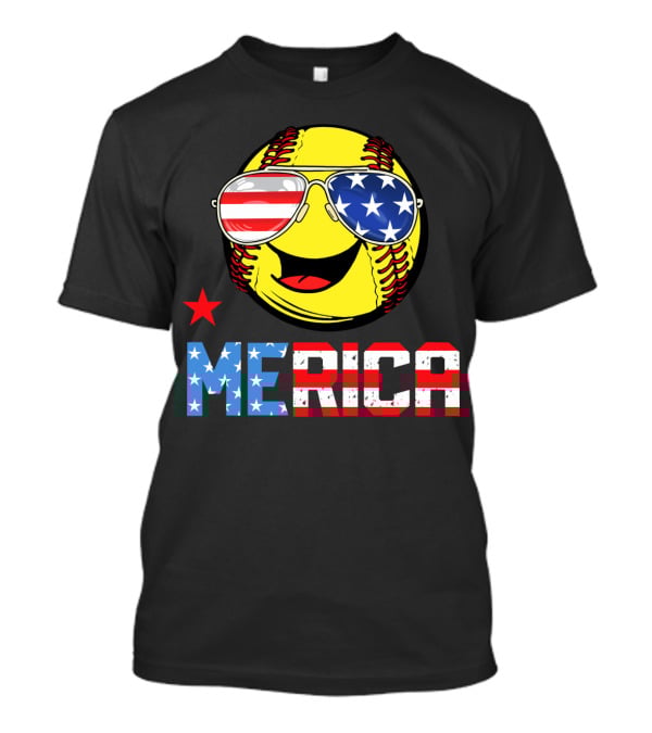 Softball MERICA Smiling Baseball With American Flag Sunglasses T-Shirt