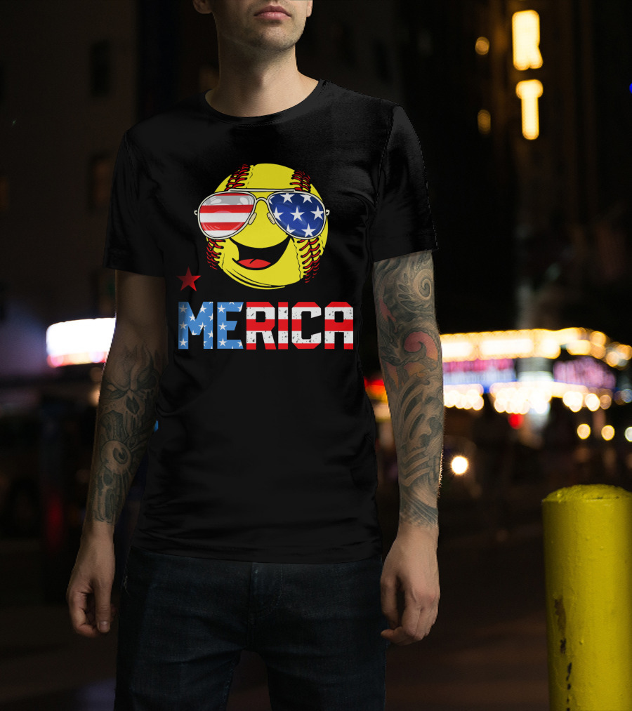 Softball MERICA Smiling Baseball With American Flag Sunglasses T-Shirt