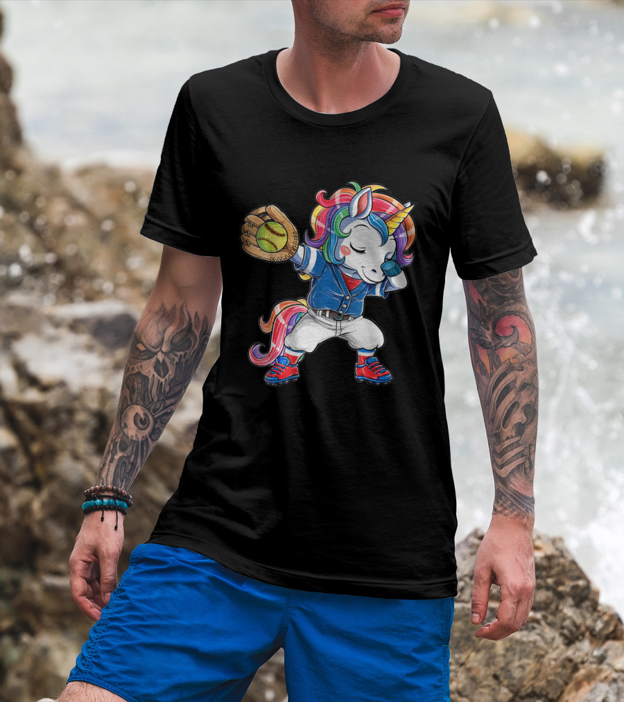 Unicorn Dabbing Rainbow Softball Player Catching Glove T-Shirt
