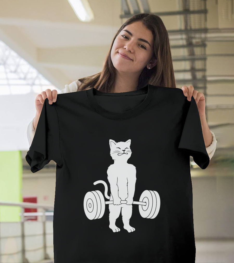 Weight Lifting Cat with Barbell Deadlift Strength Power T-Shirt