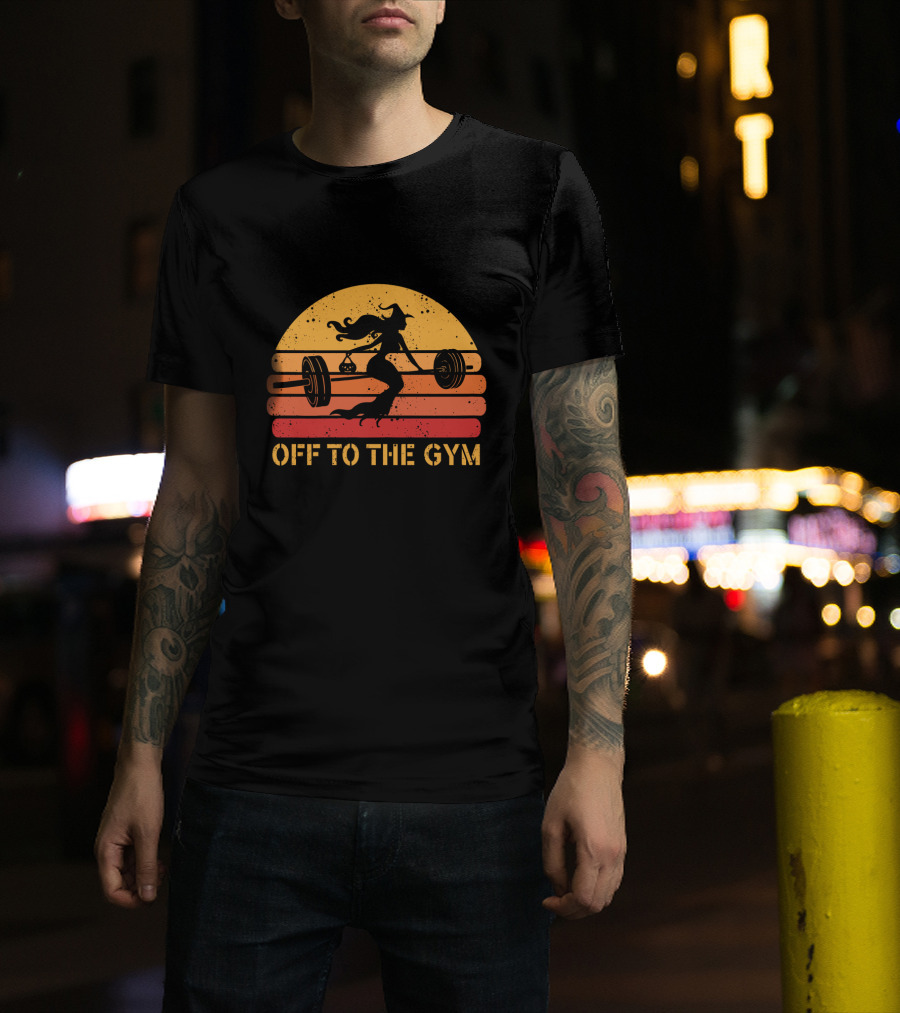 Witch Lifting Weights Off To The Gym Retro Sunset Fitness T-Shirt