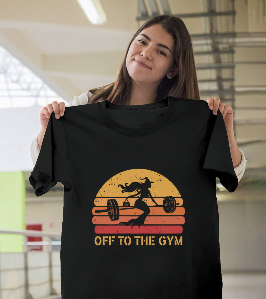 Witch Lifting Weights Off To The Gym Retro Sunset Fitness T-Shirt