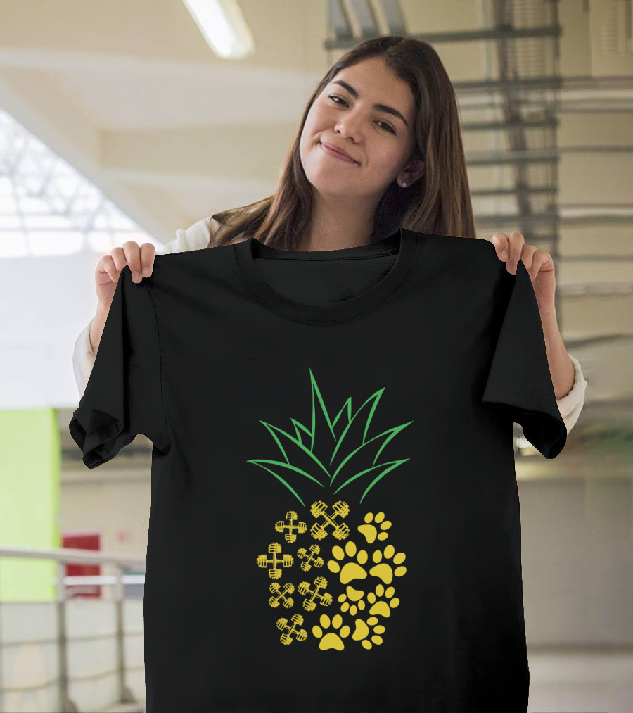 Weight Lifting Pineapple With Dumbbells And Paw Prints T-Shirt
