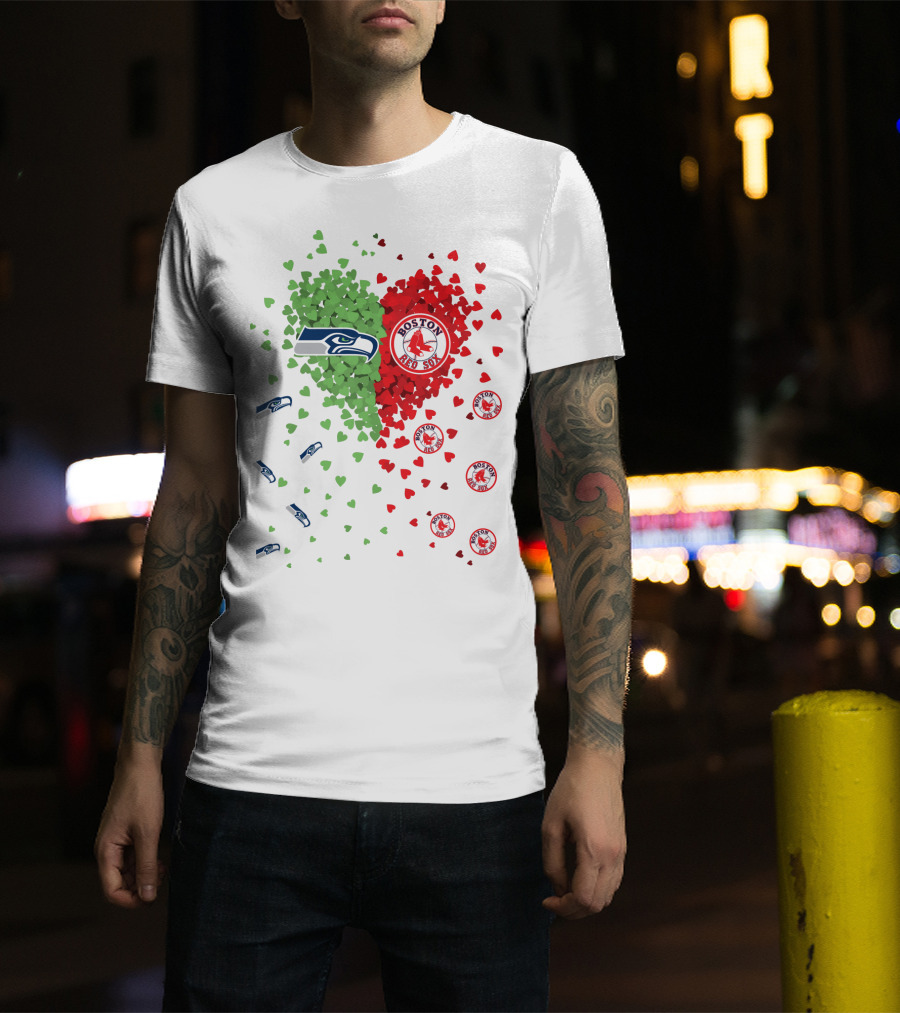 Seahawks And Boston Red Sox Heart Design With Logos And Symbols T-Shirt